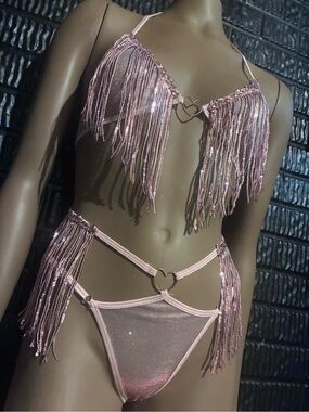 Pink Sequin Fringe Heart Bikini Set